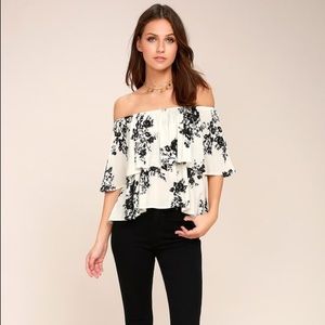 Lulus Black and Cream Print Off-the-Shoulder Top